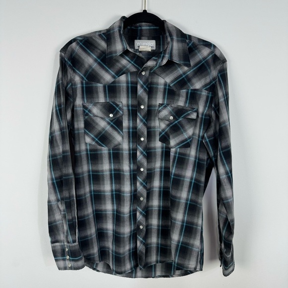 Wrangler Pearl Snap Blue Black Plaid Long Sleeve Button Down Western Rodeo Top - Picture 1 of 4